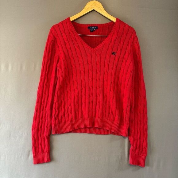 Chaps Ralph Lauren Women’s Red Cable Sweater Size XL 100% Cotton V-Neck - Picture 1 of 9
